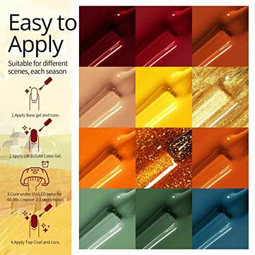 UR SUGAR Gel Nail Polish Set, 12 Colors Red Green Glitter Burnt Orange Yellow Burgundy Color All Season Soak Off Gel Polish Collection Home Nail Salon Gift Box for Women