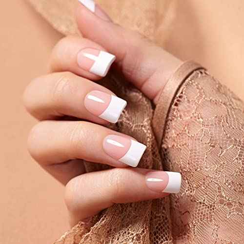 KISS Salon Acrylic Press On Nails, Nail glue included, 'Sugar Rush', French, Medium Size, Square Shape, Includes 28 Nails, 2g Glue, 1 Manicure Stick, 1 Mini File