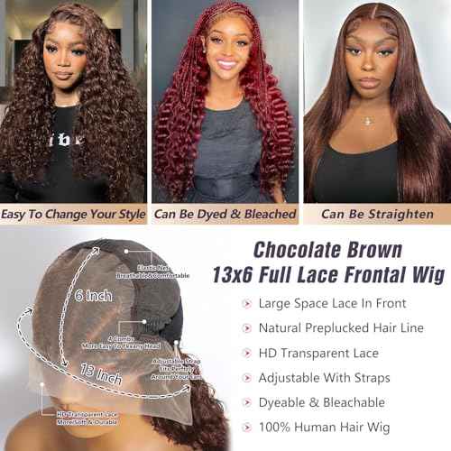 Chocolate Brown Head Braided Lace Front Wig 13x6 Deep Wave Wig Braided Wigs Human Hair Pre Plucked with Baby Hair 180 Density HD Frontal Wigs Brown Wig Human Hair 26 Inch