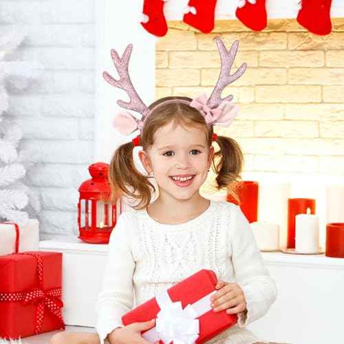 Christmas Headband Reindeer Antlers Headbands for Women Glitter Deer Ears Hair Bands Furry Deer Horn Cute Pink Bow Hair Band Sequin Pink Elk Horn Headwear Xmas Christmas Party Hair Accessories 1Pcs
