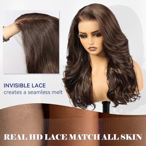 HAIRCUBE 13x6 HD Synthetic Lace Front Wig, 24 Inch Brown Long Curly Layered Wigs, Natural Density Hairline Glueless Wigs for Women Daily Use