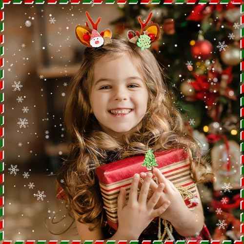 JUNEBRUSHS Christmas Hair Clips, 12 Pcs Christmas Hair Accessories Cute Reindeer Antlers Headband Ears Headdress Hairpins Antlers Christmas Tree Hat Hair Barrettes for Women Girls Gifts Party Favors