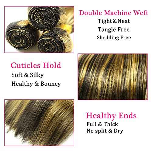 P1B27 Highlight Bundles Human Hair Honey Blonde Straight 3 Bundles 16 18 20 inch Brazilian Unprocessed 8A Virgin Remy Hair Extensions