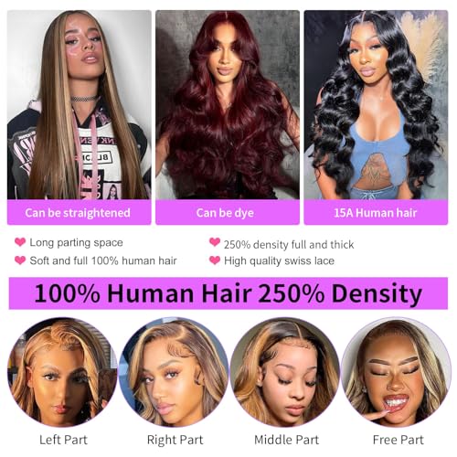 250% Density Honey Blonde Lace Front Wigs Human Hair Highlight Lace Front Wig Human Hair 13x6 Lace Front Wigs Ombre Body Wave Lace frente pelucas pelo humano (Glueless 13X6 Highlight, 24 Inch)
