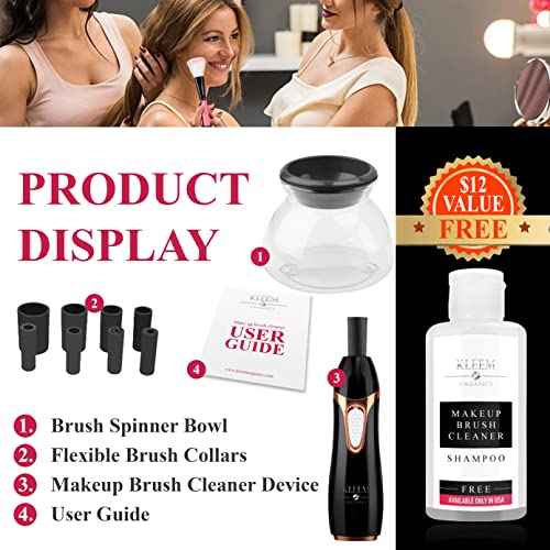 Kleem Electric Makeup Brush Cleaner Machine | Automatic Makeup Brush Washer & Spinning Dryer with Free Cleaner Shampoo | Dual-Fiber Bristles for Eyeshadow & Foundation | Made in USA | Black