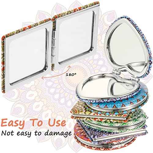 Mandala Design Pocket Mirror Mini Travel Makeup Purse Compact Accessories Beauty Magnifying Double Sides Pocket Mirror Portable Handheld Folding PU Leather Supply for Women(6 Pieces)