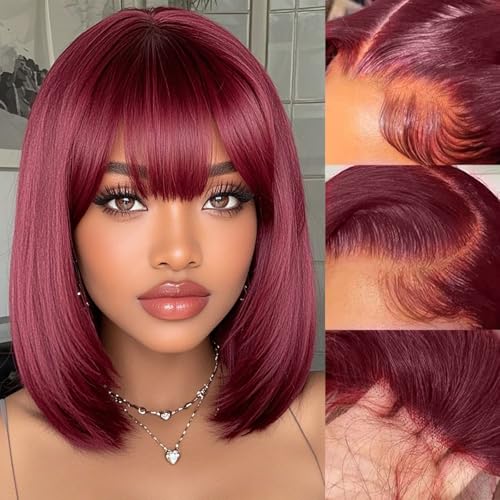 99j Burgundy Bob Wig Human Hair 13x4 HD Transparent Lace Front Wigs Human Hair 180% Density Short Bob Glueless Straight Wigs Human Hair for Women 16 Inch