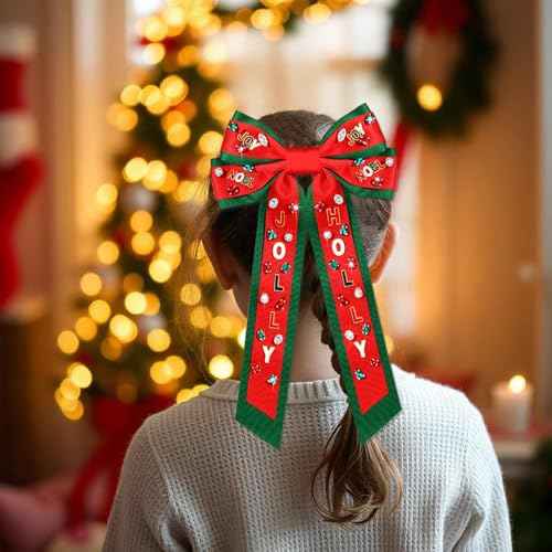 Christmas Bow Clips Pearl Rhinestone Christmas Tree JOLLY Decor Hair Bow Clip Christmas Holiday Party Hairpin Barrettes Accessories (red green JOY bow)