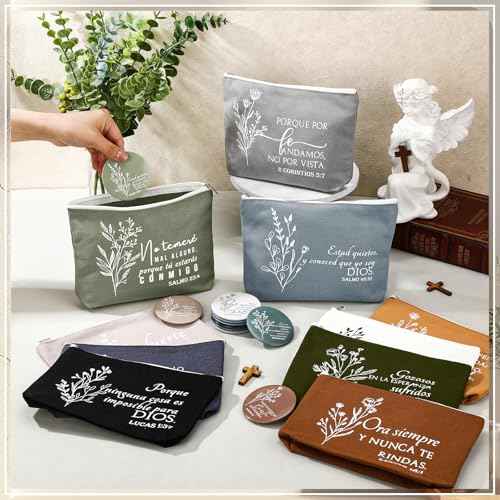Kacctyen 40 Sets Advent Beauty Calendar Spanish Christian Gifts for Women Regalos Cristianos Para Mujer for Christmas Religious Canvas Makeup Bags with Bible Verse Compact Mirrors (Boho Color)