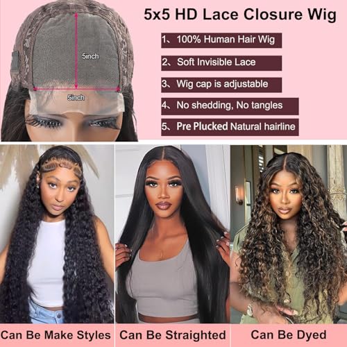 SODLIS 5x5 HD Lace Closure Wigs Human Hair Wear And Go Glueless Wigs Human Hair Pre Plucked With Baby Hair Ready to Go Deep Wave Lace Front Wigs Human Hair for Women (Black, 22 Inch, Curly)