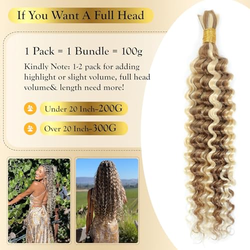 Highlighted Multi-Blonde Braiding Human Hair for Boho Knotless Braids, Ombre 27/613 Curly Braiding Hair Deep Wave Human Hair Bulk, No Weft Blonde Extensions 22 Inch 100G FULL BULK