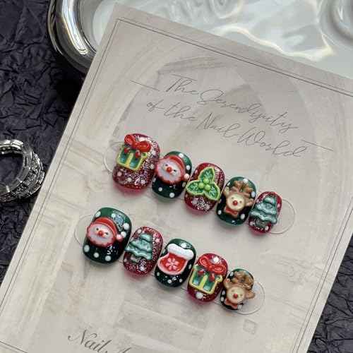 handmade nails press on Salon Quality false nails Reusable short square round red green christmas gifts tree cute acrylic fake nails designed kit,10 Nails Size M #1201