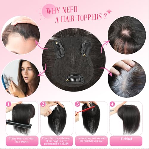 Hair Toppers for Women Real Human Hair with Bangs 10 Inch Upgrade Swiss Lace Base Toppers Hairpieces with Thinning for Daily Wear (Dark Brown