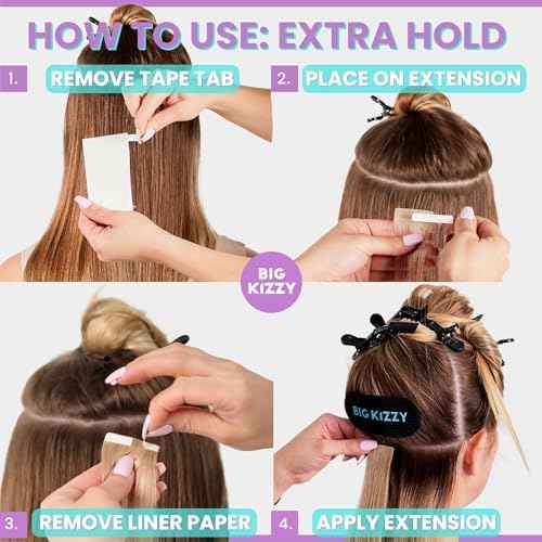 Big Kizzy Extra Hold Double Sided Hair Extension Tape - 72 tabs replacement tape - Strong hold of 6-8+ weeks - Made in USA