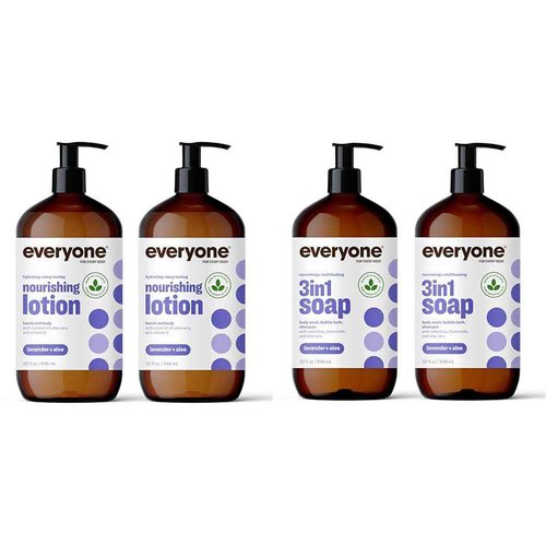 Bundle of Everyone 3-in-1 Soap, Body Wash, Bubble Bath, Shampoo, 32 Ounce (Pack of 2), Lavender and Aloe+ Everyone Nourishing Hand and Body Lotion, 32 Ounce (Pack of 2), Lavender and Aloe