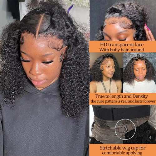 Curly Bob Wig Human Hair 13x4 Deep Wave HD Lace Front Wigs Human Hair 220% Density Short Curly Wet And Wavy Human Hair Wigs for Black Women Glueless curly Wig With Baby Hair (Natural Black, 16 Inch)