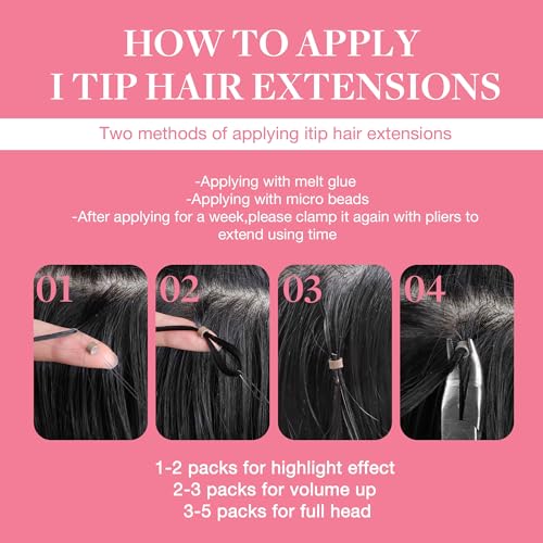 GOO GOO I Tip Hair Extensions Real Human Hair, 24inch 50g 50S, Cold Fusion I Tip Hair Extensions, Invisible Remy Hair, 1 Jet black