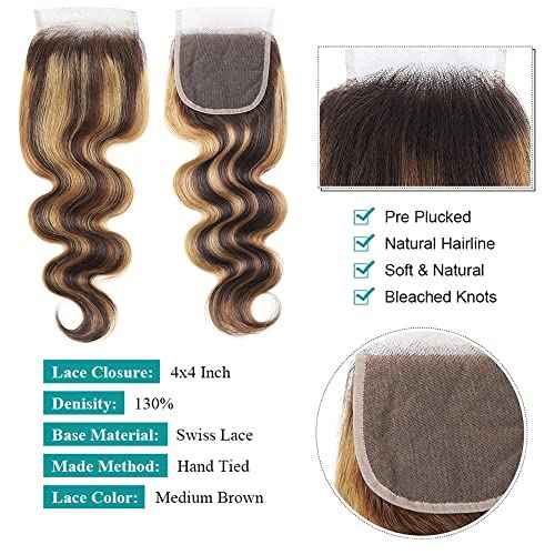 4/27 Lace Closure Human Hair Pre Plucked With Baby Hair Body Wave Brown To Honey Blonde Two Tone 4X4 Free Part Bleached Knots Brazilian Virgin Closure Human Hair 20 Inch