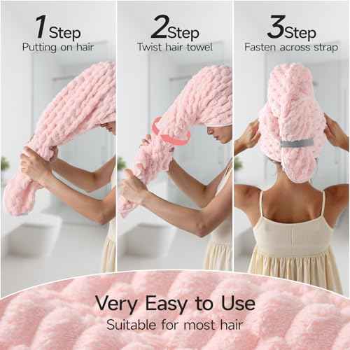 REDKISS 3 Pack Microfiber Hair Towels - Extra Large Hair Towel Wrap for Women, 24x42 inch Hair Towels with Elastic Strap, Super Soft Hair Drying Towels for Long, Thick, Curly Anti Frizz Turbans