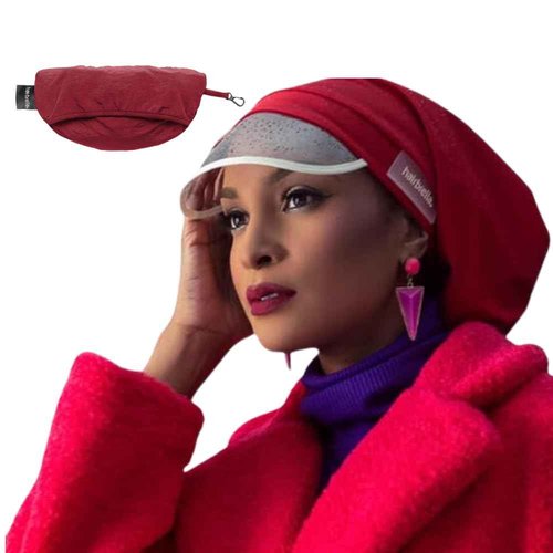 Hairbrella 100% Waterproof Rain Hat, Satin-Lined Cap, UV Sun Protection, Full Hair Coverage, Packable Travel Accessory Cranberry