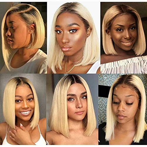 Ombre Blonde HD Lace Wigs Brazilian Virgin Human Hair #1B/613 Dark Roots Bob Wig Glueless Straight 12Inch 180% Density Remy Hair Pre Plucked Bleached Knots 13x4 Transparent Frontal Bob Wigs for Women