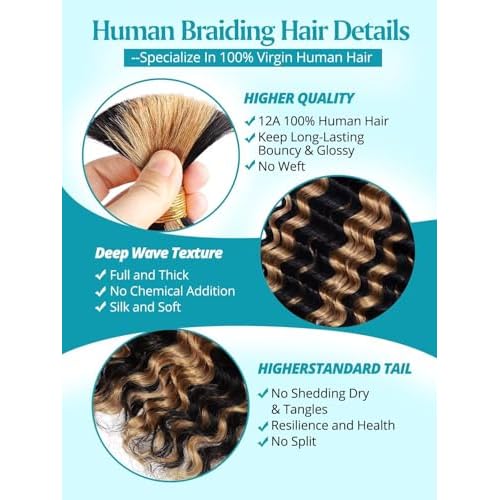 160g 5 Bundles/Pack Ombre Honey Blonde Human Braiding Hair for Boho Braids 18 Inch Curly Boho Hair for Braiding Knotless 12A Deep Wave Bulk Bohemian Color P1B/27