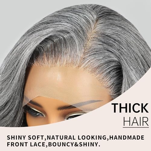 Allbell 13x6 Grey Lace Front Wig for Black Women,Glueless Synthetic HD Lace Wigs,22Inch Body Wave Hair Replacement