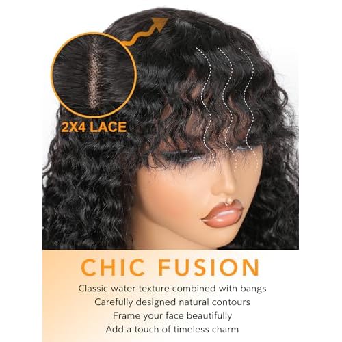 Bob Wig with Bangs Human Hair Water Wave 2x4 HD Lace Closure Front Curly Wigs Human Hair Bang Wig 220 Density Glueless Wear and Go for Beginners 100% Brazilian Human Hair for Black Women 12 Inch