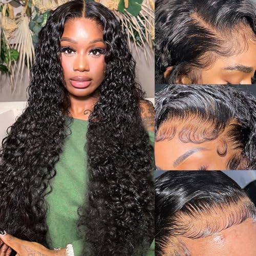 Deep Wave Lace Front Wigs Human Hair 200% Density 13x4 HD Curly Lace Frontal Glueless Wigs for Women Pre Plucked Deep Wave Natural Color (24 Inch)