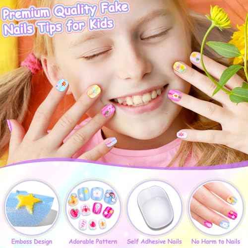 Audab 144 Pieces Mini Nails Set for Kids Press on Girls Nails Kit Fake Nail Tips Short False Nail Full Cover Stick on Nails for Kids 8-12 Sleepovers Stuff Spa Parties Supplies Valentine Day Gifts
