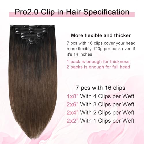 Pro2.0 Clip in Hair Extensions Real Human Hair 120g Thick 7pcs Color #1BT4 Natural Black Fading to Middle Brown Remy Real Human Hair Extensions Clip ins 14inch Double Weft£¨#1BT4-14inch£©