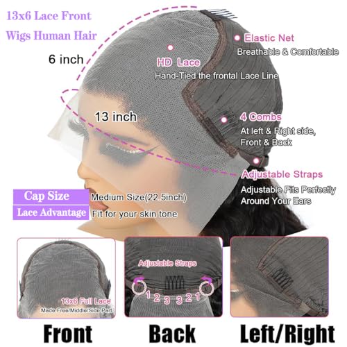 JTMMP 18 Inch Body Wave Lace Front Wigs Human Hair Pre Plucked 200% Density 13x6 Lace Front Wigs Human Hair HD Transparent Lace Frontal Wigs Human Hair for Women Natural Black