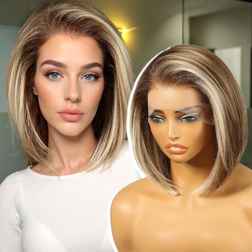 Ash Blonde Highlight Synthetic Lace Front Wig,13¡¿6 HD Short Straight Glueless Bob Wig for White Women Daily Use 12IN£¨#TT6/166£©