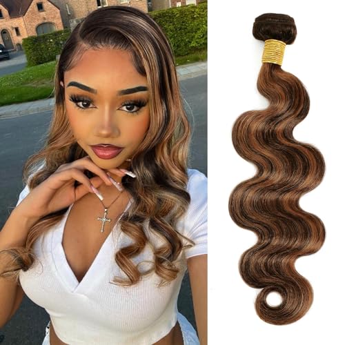 Brown Highlight Body Wave Bundles Human Hair 24 In, 12A Soft and Glossy Blonde Balayage Ombre One Bundles 100% Remy Hair Single Ombre Bundle #1b/30 Piano Color Dark Root