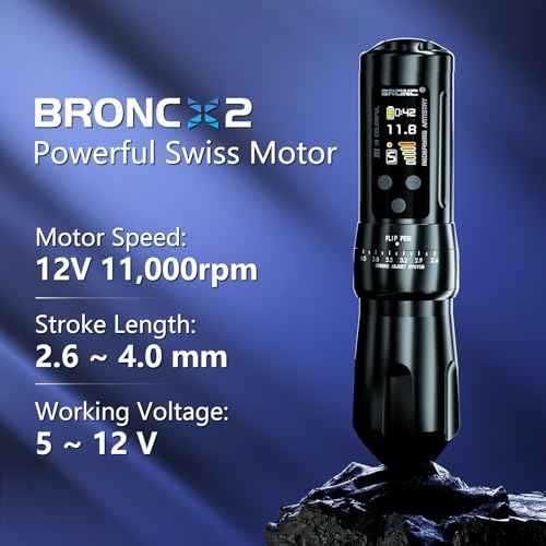 BRONC X2 Wireless Tattoo Pen Machine 2,000mAh Battery - 6 Adjustable Strokes, Rotary Cartridge Tattoo Machine Gun with Replacement Power Supply - for Tattoo Artists (Black)