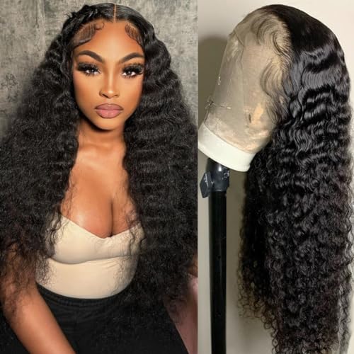 LICHANG Deep Wave Lace Front Wigs Human Hair 4x4 Transparent Lace Closure Wet and Wavy Wigs for Black Women Pre Plucked Human Hair Wig with 180% Density Nature Color 24 Inch