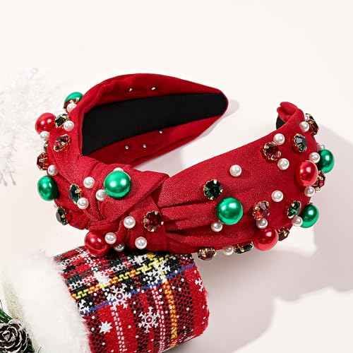 Ivyu Christmas Headbands for Women Adults Girls Red Headband with Jeweled Pearl Sparkly Headbands