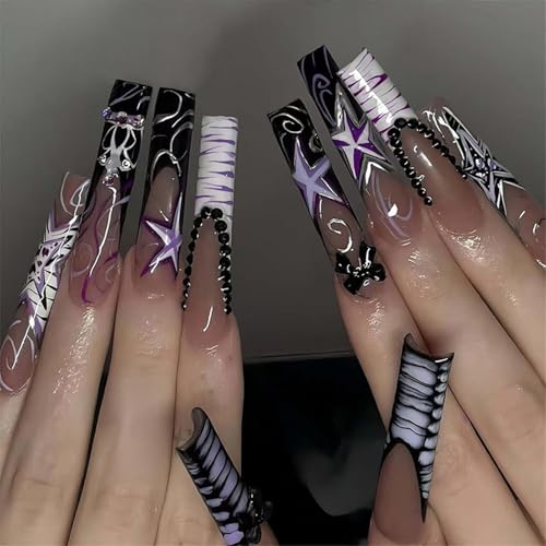 SINHOT Square Press on Nails Long Fake Nails Glossy Glue on Nails Zebra Stripes Acrylic Nails 3D Bowknot Squoval Artificial Nails Purple Star Stick on False Nails with Design 24 pcs