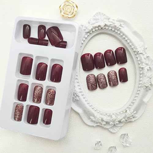 Burgundy Press on Nails Short Square Fake Nails Glossy False Nails with Silver Glitter Designs Full Cover Acrylic Nails Fall Glue on Nails Short Artificial Nails for Women 24Pcs