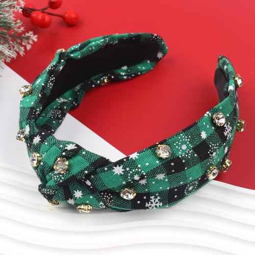 Christmas Headband Rhinestones Hair Band for Women Girls, Xmas Striped Grid Hair Accessories Green Knotted Wide Headbands Christmas Party Supplies Winter Holiday Costume Gift