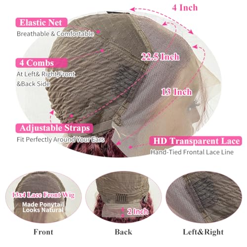 99J Burgundy Deep Wave Lace Front Wigs Human Hair Pre Plucked 13x4 HD Lace Front Wigs for Black Women 24 Inch Red Colored Deep Curly Wet and Wavy Glueless Human Hair Wig