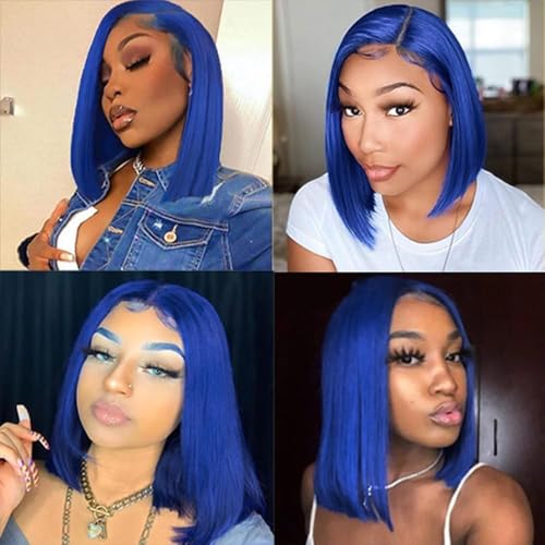 13x4 Lace Front Wigs Human Hair HD Lace Frontal Wig Human Hair Pre Plucked Glueless Blue Bob Wigs 180% Density 12 Inch Straight Dark Blue Short Bob Wigs for Black Women