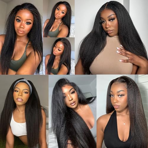 Kinky Straight Hair Bundles Yaki Straight 3 Bundles Human Hair 16 18 20 Inch 12A 100% Unprocessed Brazilian Kinkycurly Bundles Human Hair Weave Bundles Human Hair Extensions Natural Black