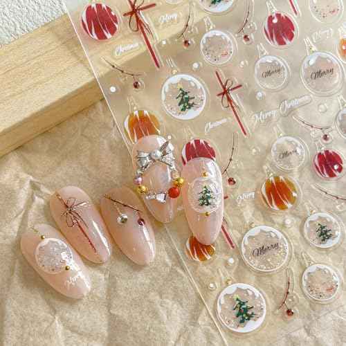 Crystal Ball Nail Stickers - 5D Embossed Christmas Tree & Red Bow Designs for Holiday Nail Art