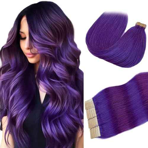 Munx Human Hair Extensions Tape in Purple 20 Inch 50g Real Hair Extensions Tape in Remy Silky Straight Natural Hair Extensions 20pcs