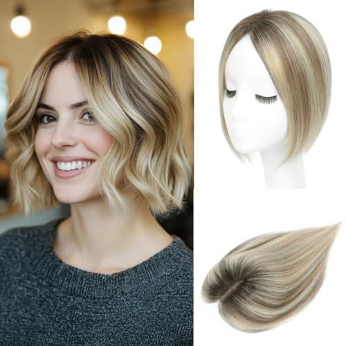Hair Toppers for Women Upgrade Swiss Lace Base Human Hair Topper with No Bangs 360¡Æ3D Cover Fake Bangs Hair Topper with Thinning (Ombre Light Brown with Blond Highlight)