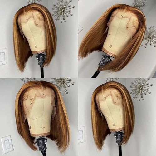 4/27 Highlight Bob Wig Human Hair Straight 13X4 Highlight Bob Lace Front Wigs Human Hair Wear and Go Glueless Wig Pre Plucked 14 Inch Ombre Brown Honey Blonde Hd Lace Frontal Wigs For Black Women