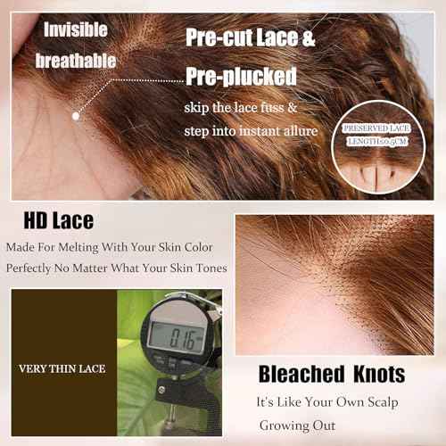 Ombre Curly Bob Wig Human Hair Glueless Wigs Human Hair Pre Plucked Pre Cut Short Highlights Closure Bob Wig Water Wave Middle Part Balayage Lace Frontal Human Hair Wigs for Black Women 4/27 14Inch