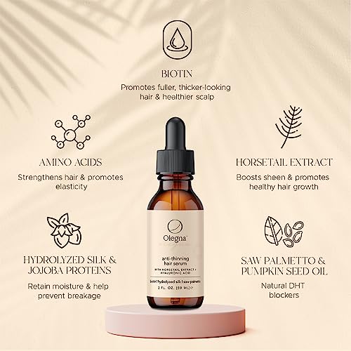 Olegna Biotin Hair Growth Oil for Women - Hair Serum for Frizzy and Damaged Hair - Prevents Hair Loss & Breakage - With Vitamin D & E + Hyaluronic Acid - 2oz