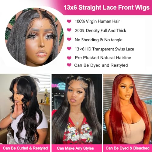 Straight Lace Front Wigs Human Hair Pre Plucked 13x6 Glueless HD Lace Frontal Wig with Baby Hair - Natural Black Color, 22 Inch